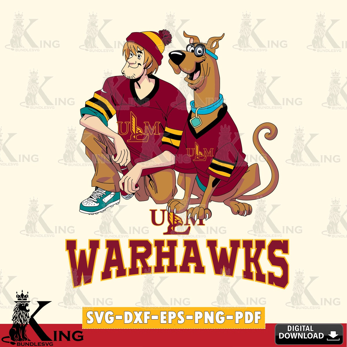 Artistic drawing of UL Monroe Warhawks Shaggy and Scooby Doo football, printable vector design for sublimation and crafts