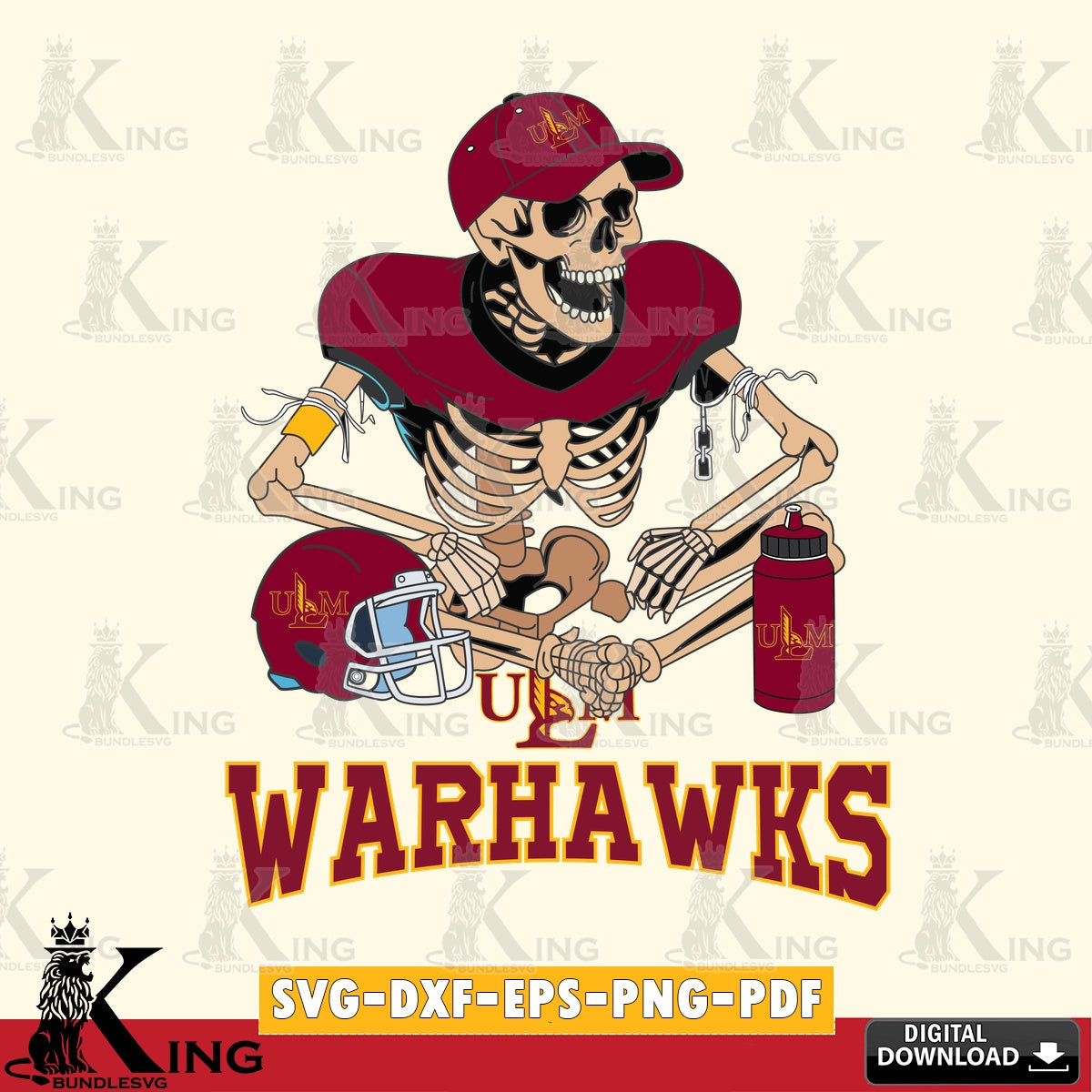 Digital clipart of a UL Monroe Warhawks skeleton player playing football, vector art for engraving, cutting, and printing
