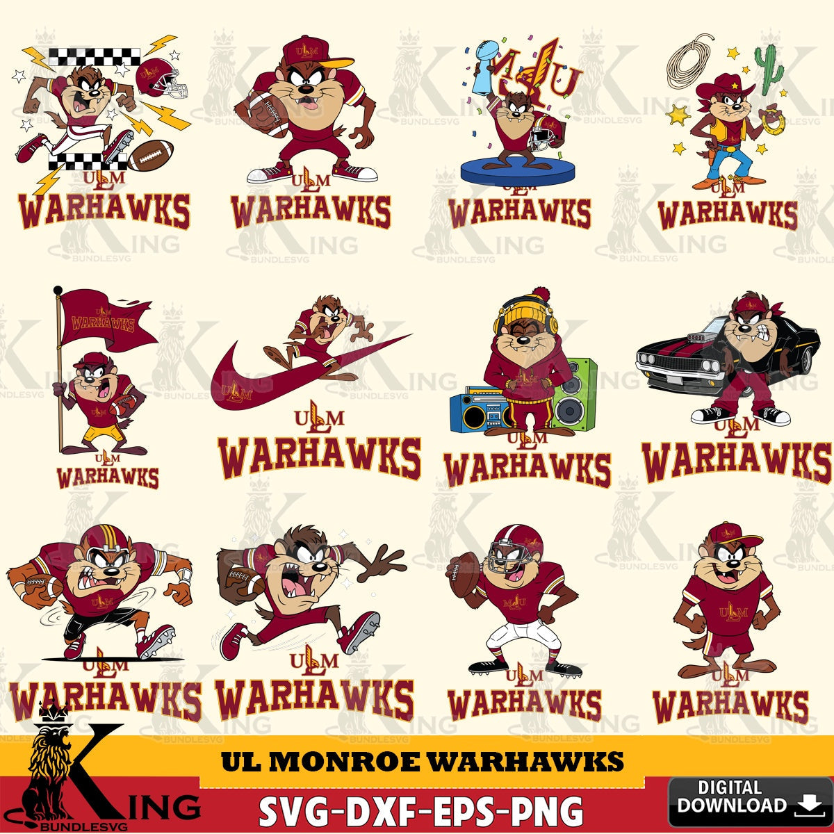 UL Monroe Warhawks Taz Football NCAA Bundle SVG file, Cut file , Digital Download , Instant Download, Taz svg, NCAA svg