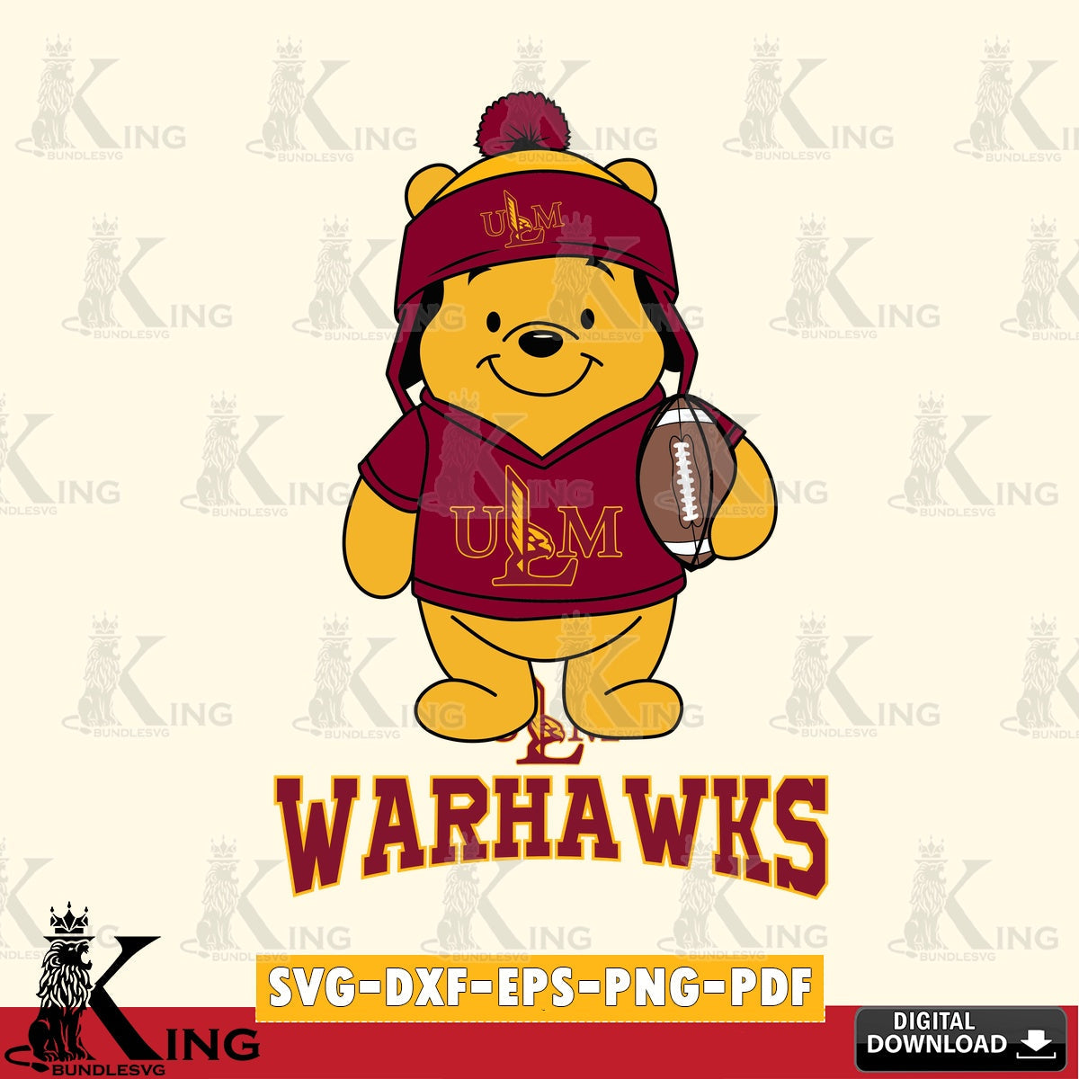 Custom design featuring UL Monroe Warhawks Winnie the Pooh player football, PNG clipart for sublimation printing and graphic