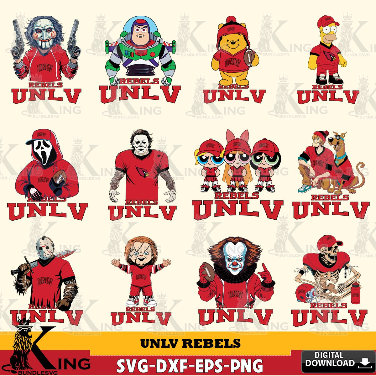 Complete bundle for UNLV Rebels cartoon football NCAA digital file for silhouette cameo and cricut projects