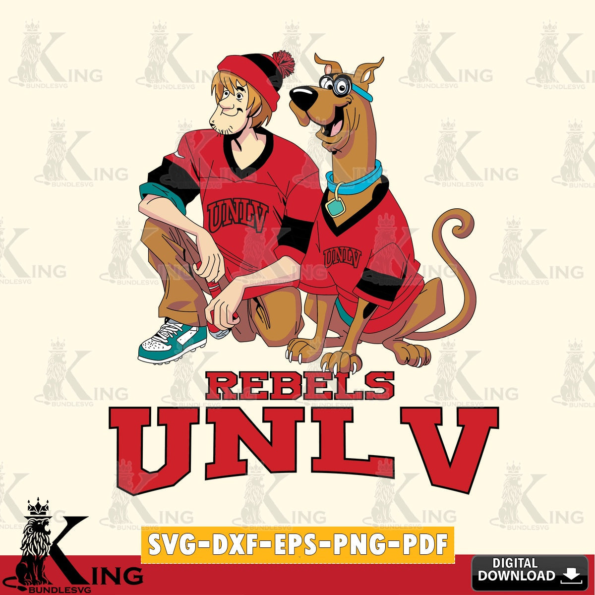 Artistic drawing of UNLV Rebels Shaggy and Scooby Doo football, printable vector design for sublimation and crafts
