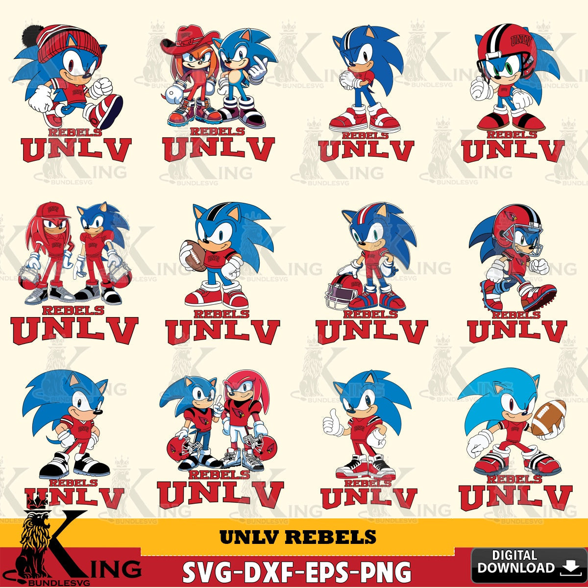 Jumbo collection of UNLV Rebels Sonic & Knuckles NCAA Football Bundle SVG PNG files perfect for Cricut and Silhouette cutting