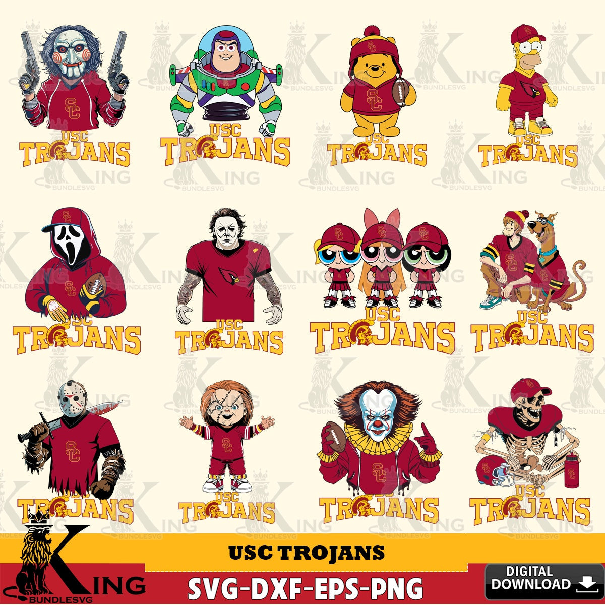 Ultimate set containing USC Trojans cartoon football NCAA bundle, versatile clip art for stickers, decals, and mugs.