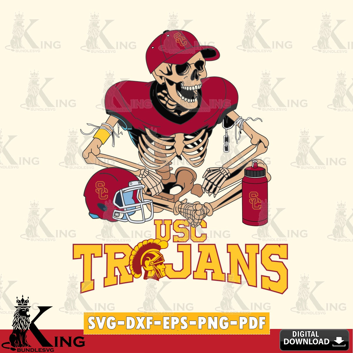 Custom design featuring a USC Trojans skeleton football player, versatile clip art for stickers, decals, and mugs.
