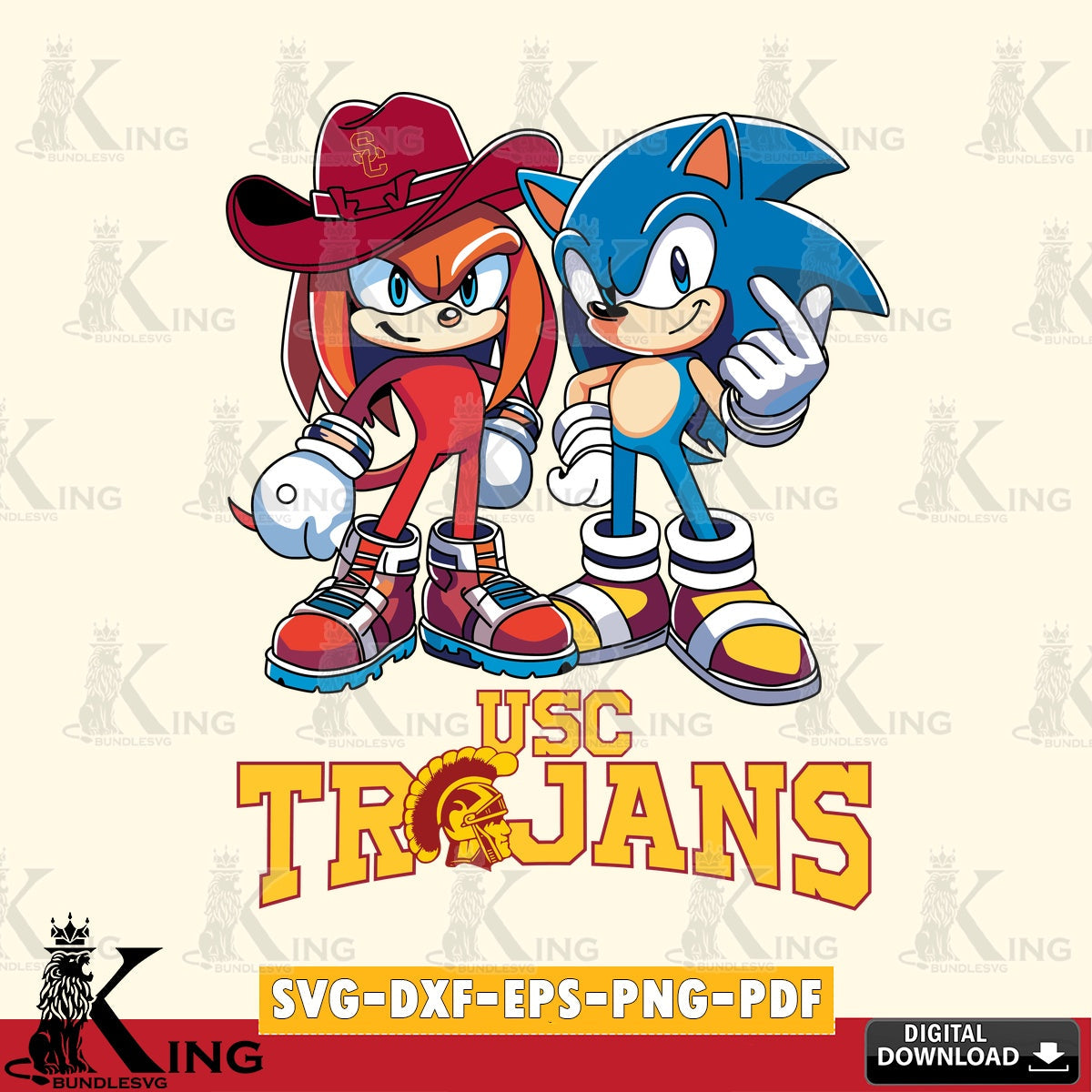Eye-catching graphic of the USC Trojans Sonic & Knuckles football mascot, versatile clip art for stickers, decals, and mugs.