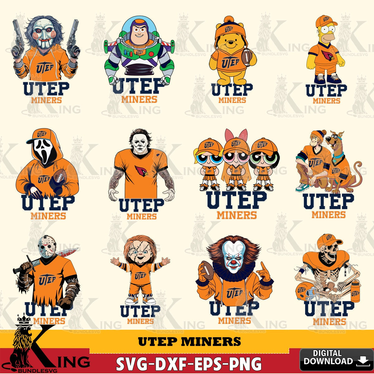 Comprehensive collection of UTEP Miners cartoon football NCAA bundle vector illustration for POD merchandise and apparel