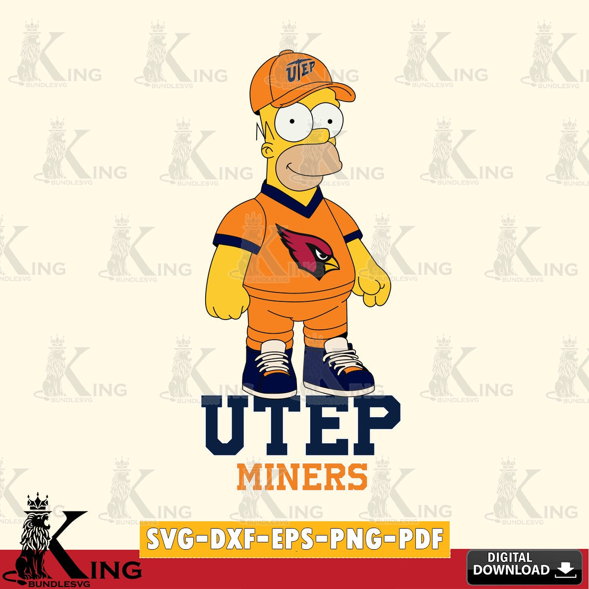 Hand-drawn style art of UTEP Miners Homer Simpson football NCAA vector art for engraving, cutting, and printing.