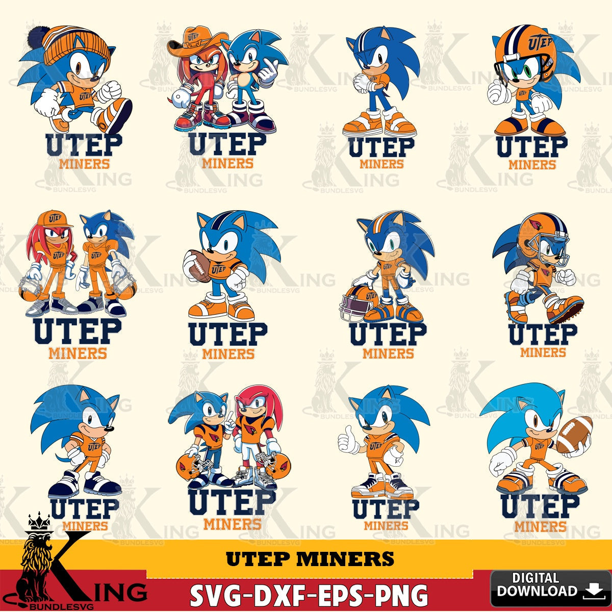All-in-one bundle of UTEP Miners Sonic & Knuckles NCAA Football, crafting file for iron-on transfer and vinyl decals