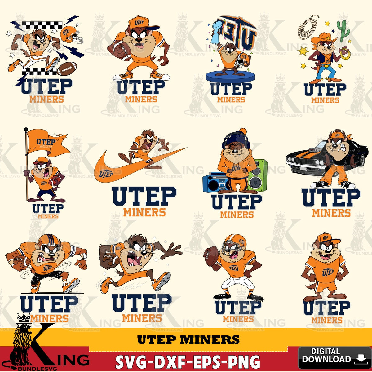 UTEP Miners Taz Football NCAA Bundle SVG file, Cut file , Digital Download , Instant Download, Taz svg, NCAA svg