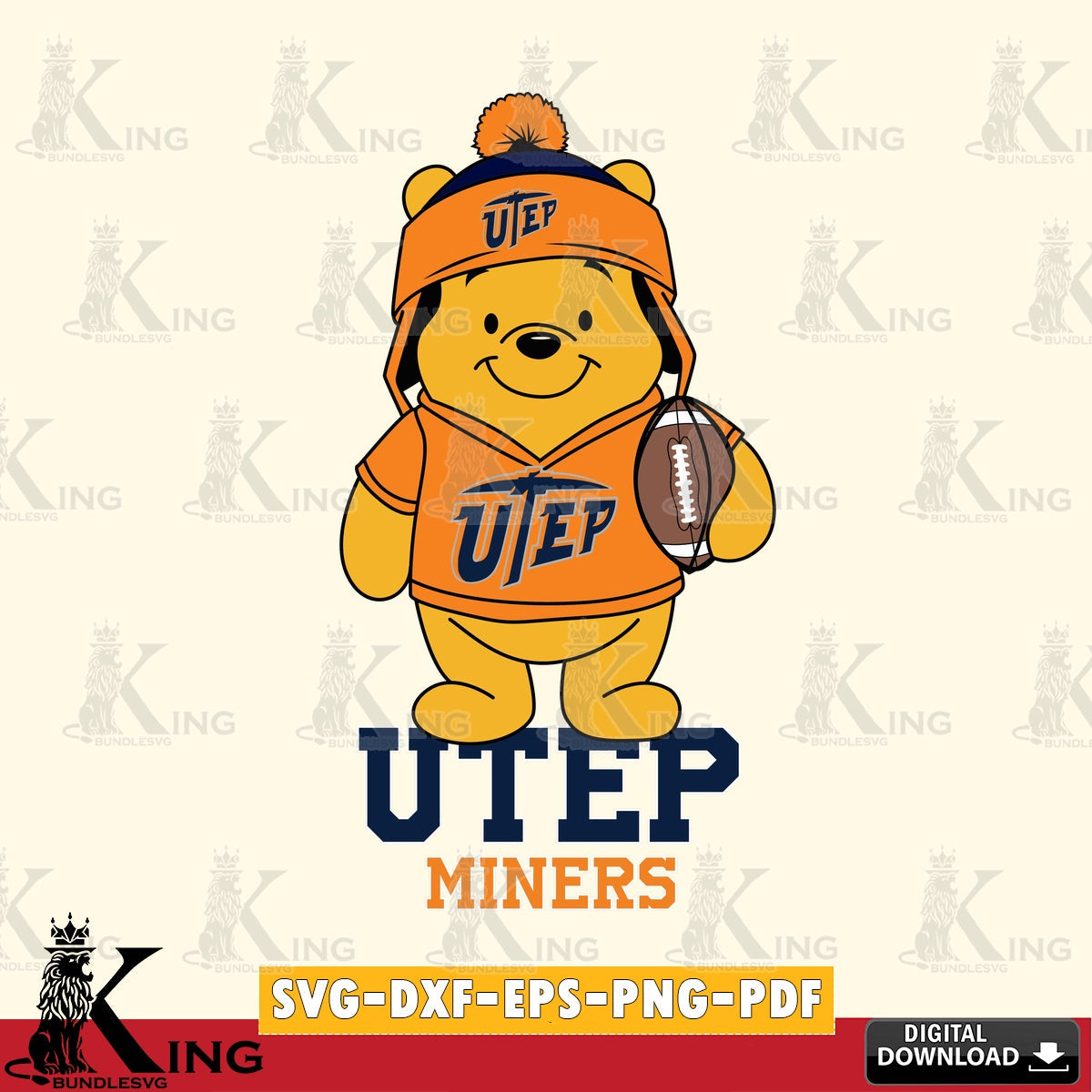 Hand-drawn style art of UTEP Miners Winnie the Pooh player in Football NCAA design suitable for Glowforge and laser cutting