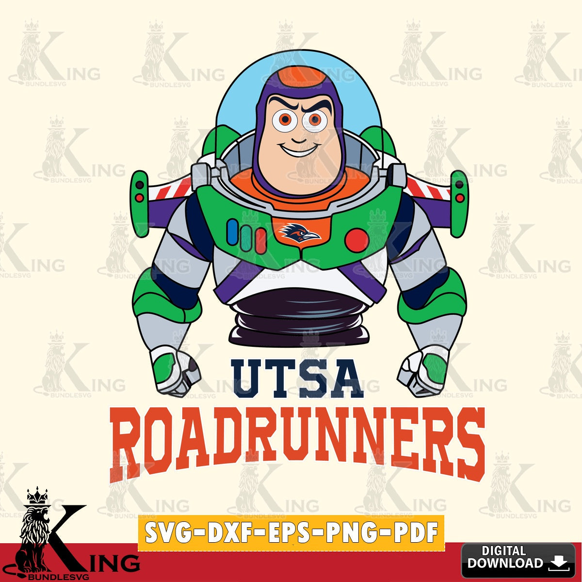 Modern graphic depicting UTSA Roadrunners Buzz Lightyear Football, a digital clipart compatible with laser engraving and cutting.