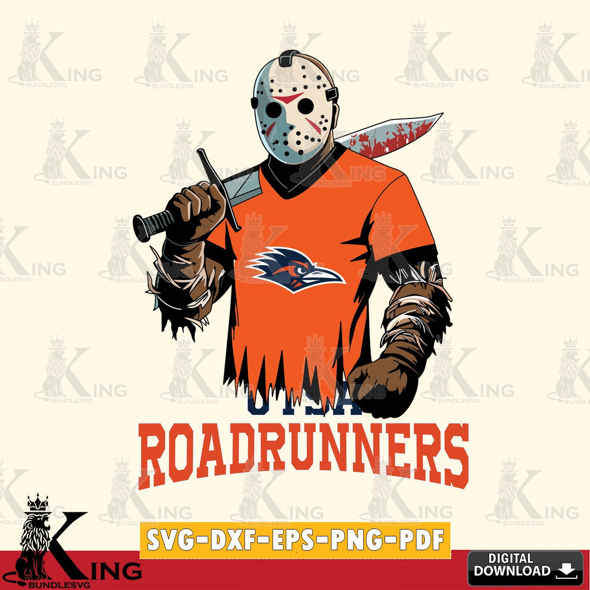 Digital download featuring UTSA Roadrunners Jason Voorhees football, a printable vector design for sublimation and crafts.