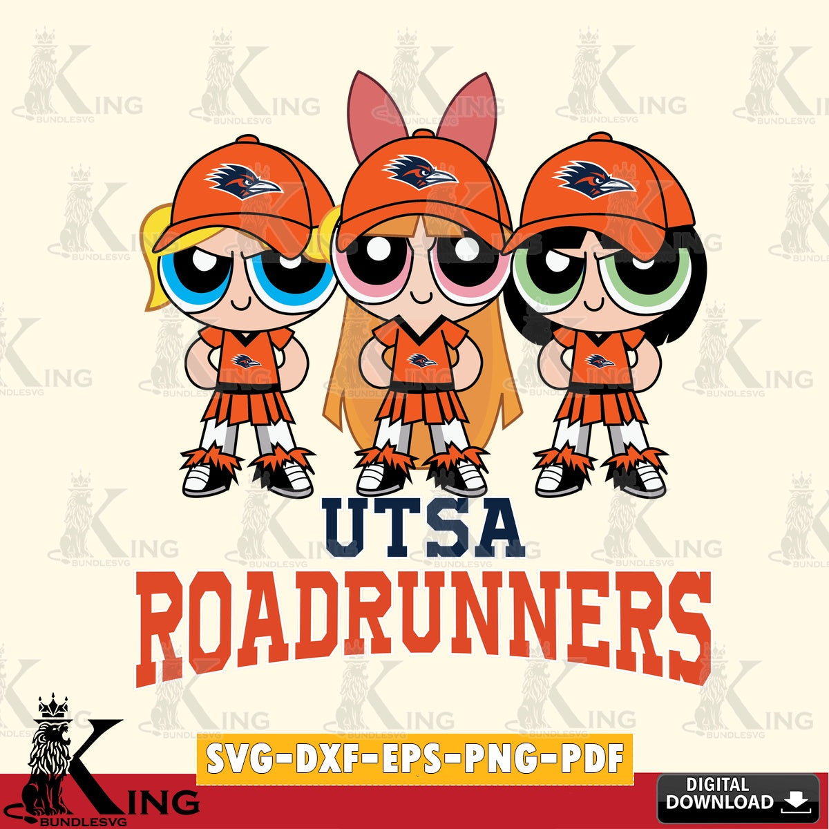 Hand-drawn style art of UTSA Roadrunners PowerPuff Girls football, a digital download for Cricut Maker and paper crafts