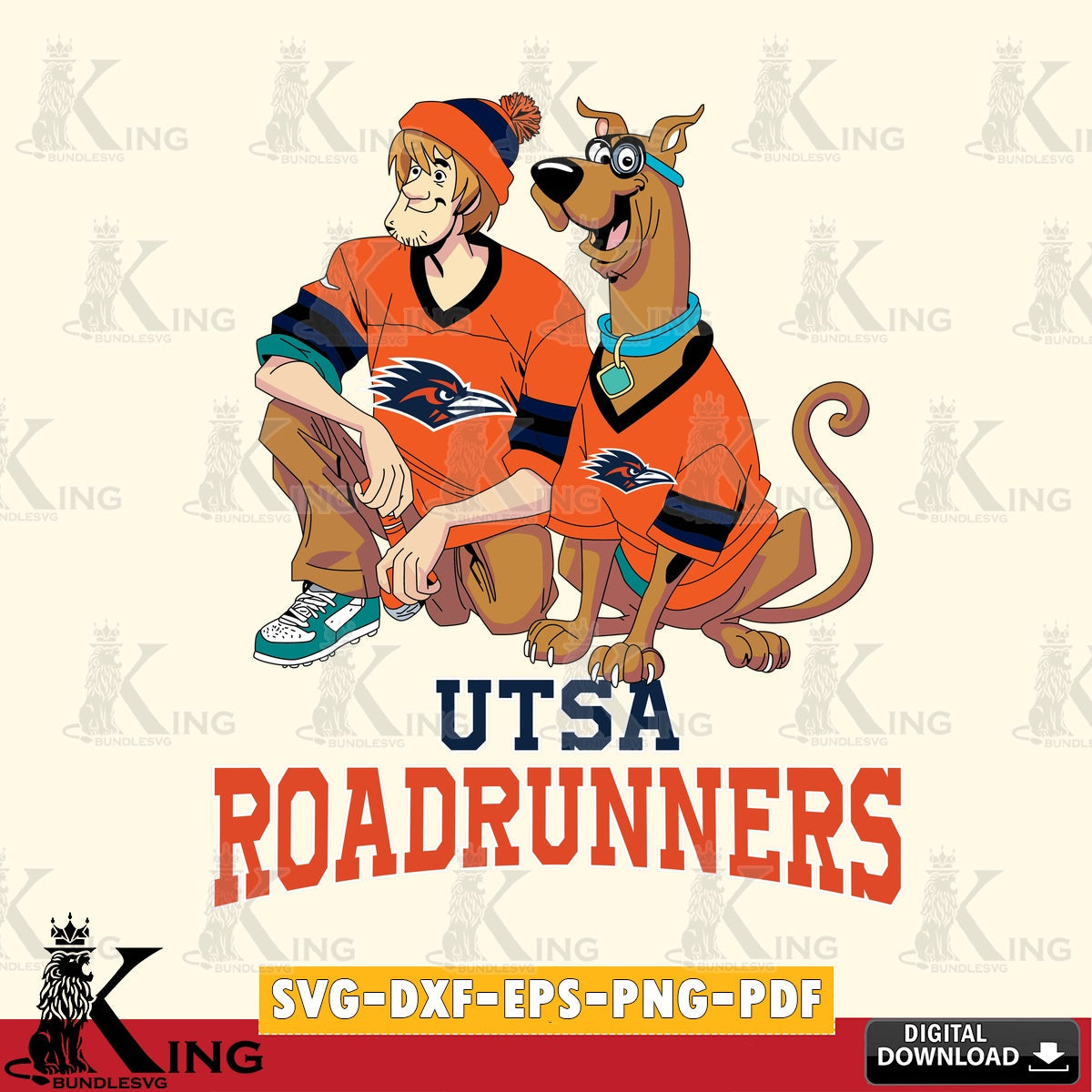 Hand-drawn style art of UTSA Roadrunners Shaggy and Scooby Doo football, a crafting file for iron-on transfer and vinyl decals