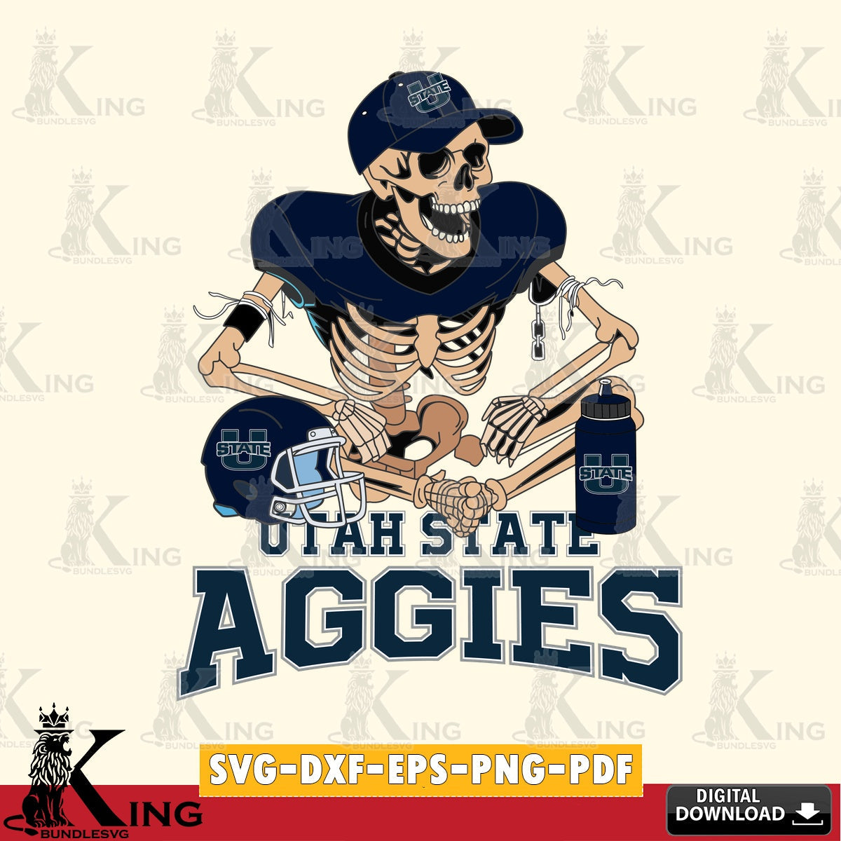 Hand-drawn style art of Utah State Aggies skeleton player football for Cricut and Silhouette cutting SVG PNG files.