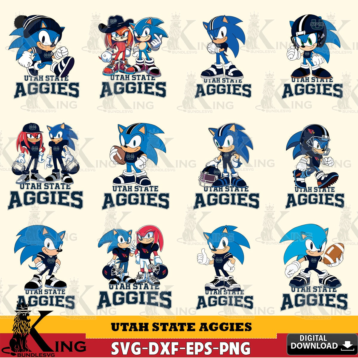 Jumbo collection of Utah State Aggies Sonic & Knuckles NCAA Football Bundle SVG PNG design suitable for Glowforge and laser