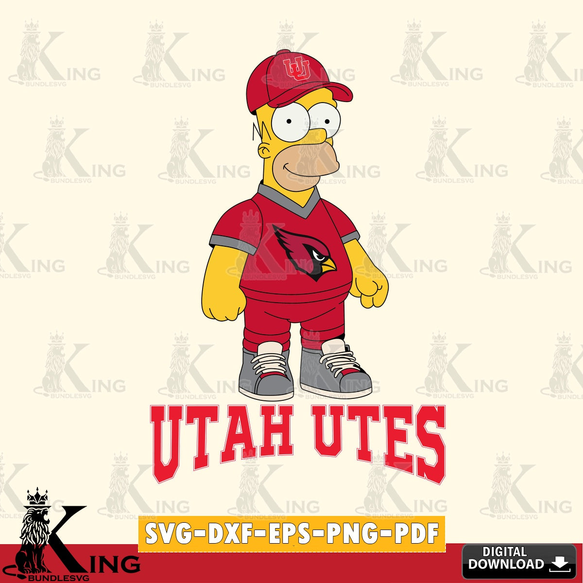Hand-drawn style art of Utah Utes Homer Simpson playing football, printable vector design for sublimation and crafts
