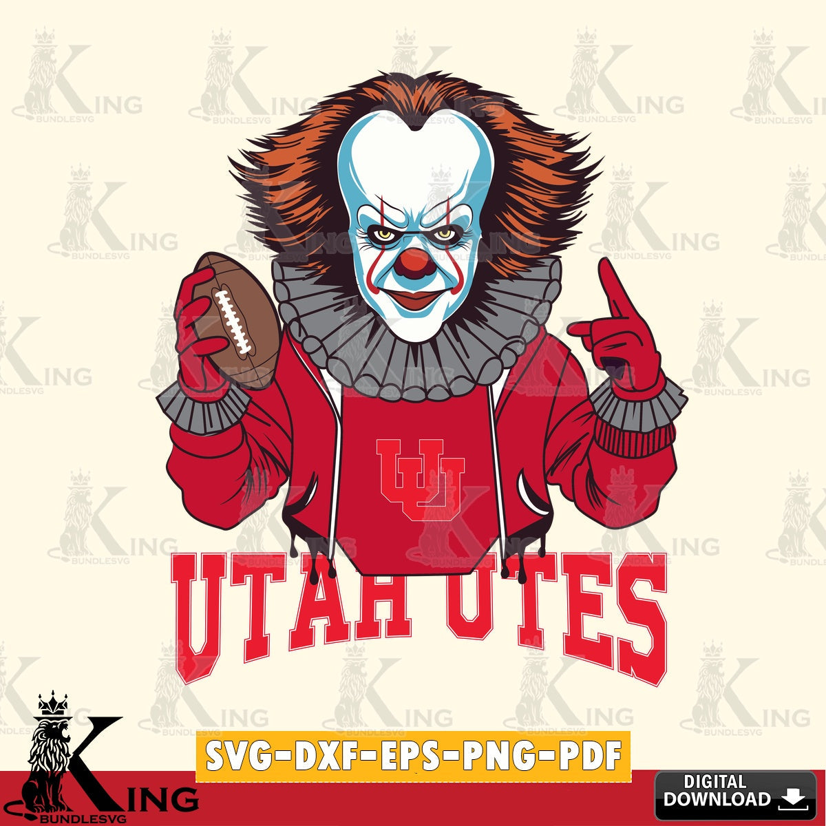 Beautiful illustration of a Utah Utes Pennywise football player, a digital file for silhouette cameo and cricut projects.