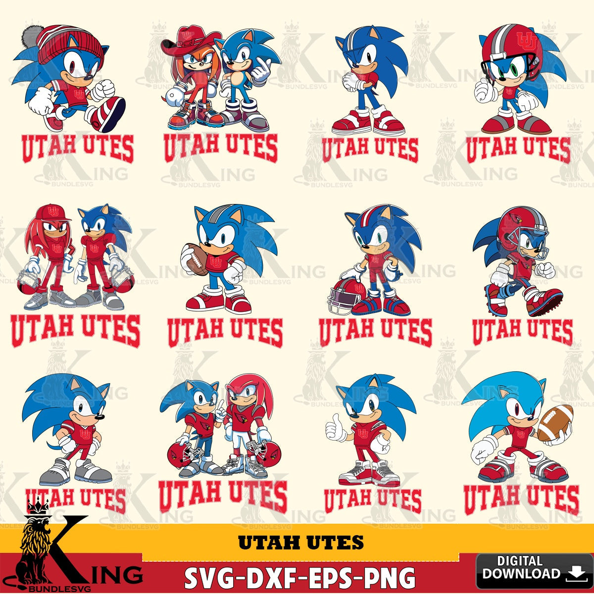Massive pack of Utah Utes Sonic & Knuckles NCAA Football Bundle vector digital clipart compatible with laser engraving and cutting
