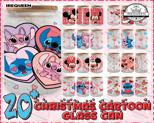 Valentine Cartoon 16oz Libbey Glass Wrap Png, Valentine Stitch Libbey Glass Wrap Png, Mickey Valentine Cartoon Glass, Digital download , Instant Download
