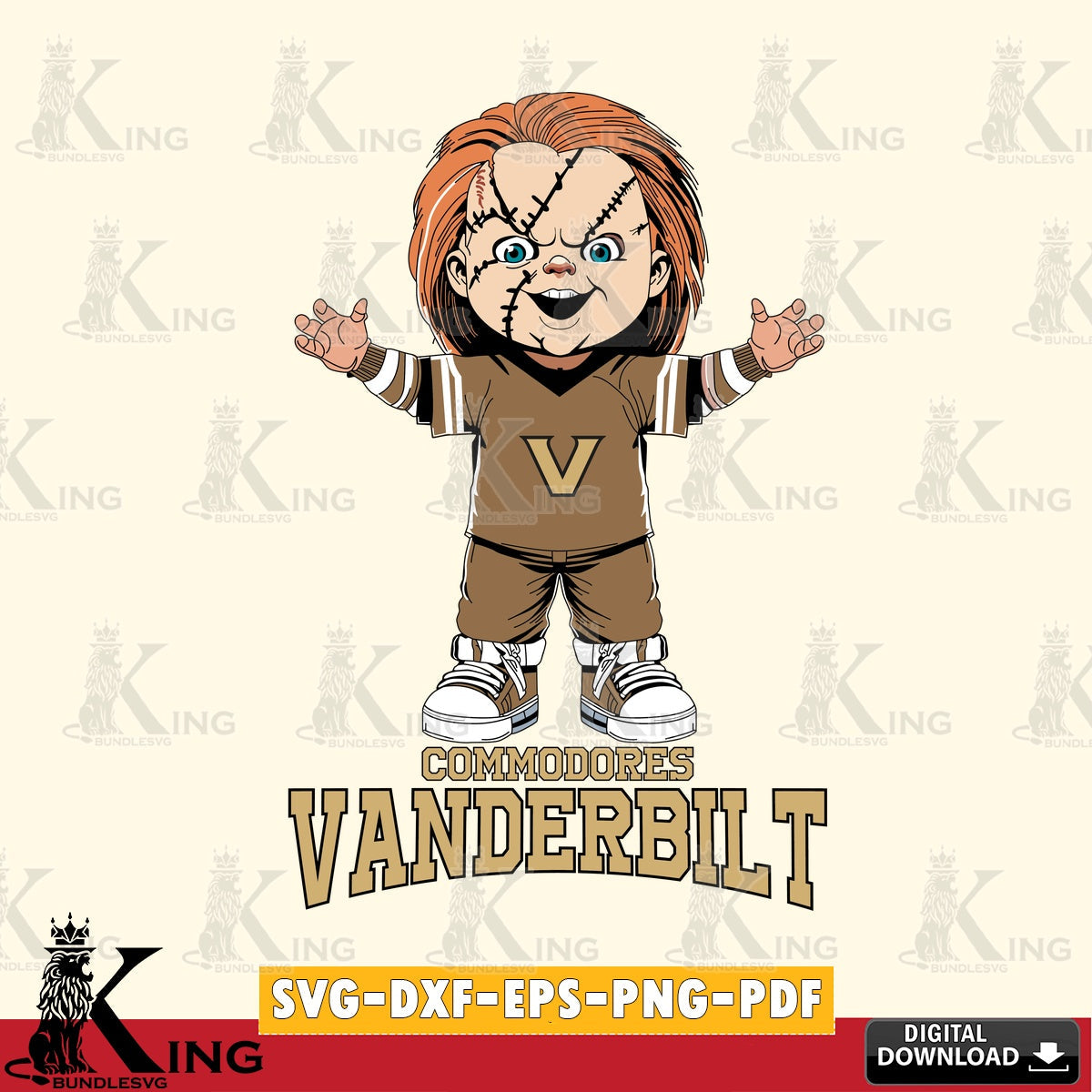Artistic drawing of Vanderbilt Commodores Chucky Football, NCAA vector illustration for POD merchandise and apparel