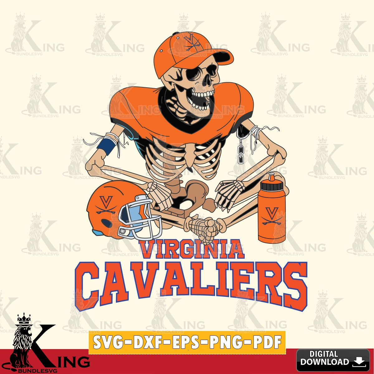 Detailed illustration of a Virginia Cavaliers skeleton football player, PNG clipart for sublimation printing and graphic design