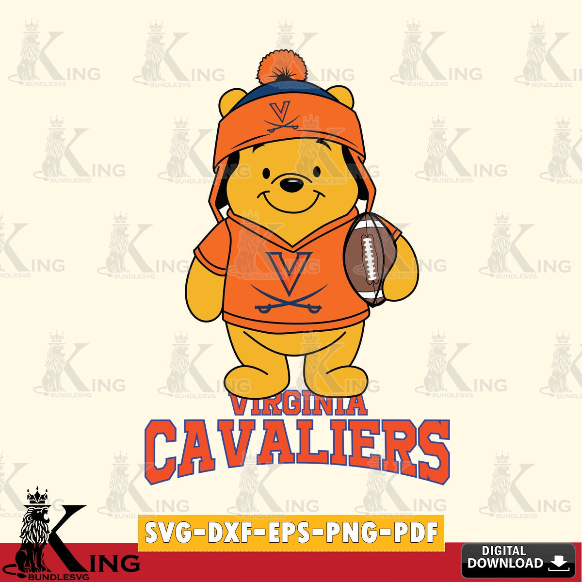 Beautiful illustration of a Virginia Cavaliers Winnie the Pooh football player, high-quality vector for DIY scrapbooking and home