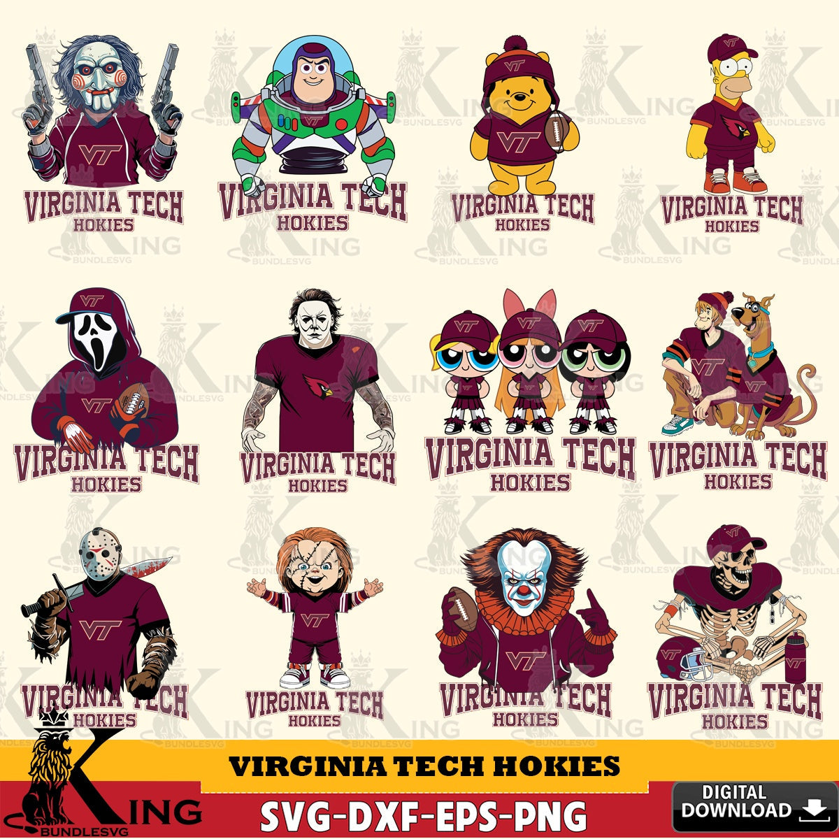 Variety pack of Virginia Tech Hokies Cartoon Football NCAA Bundle for Cricut, NCAA cut, digital, PNG clipart for sublimation