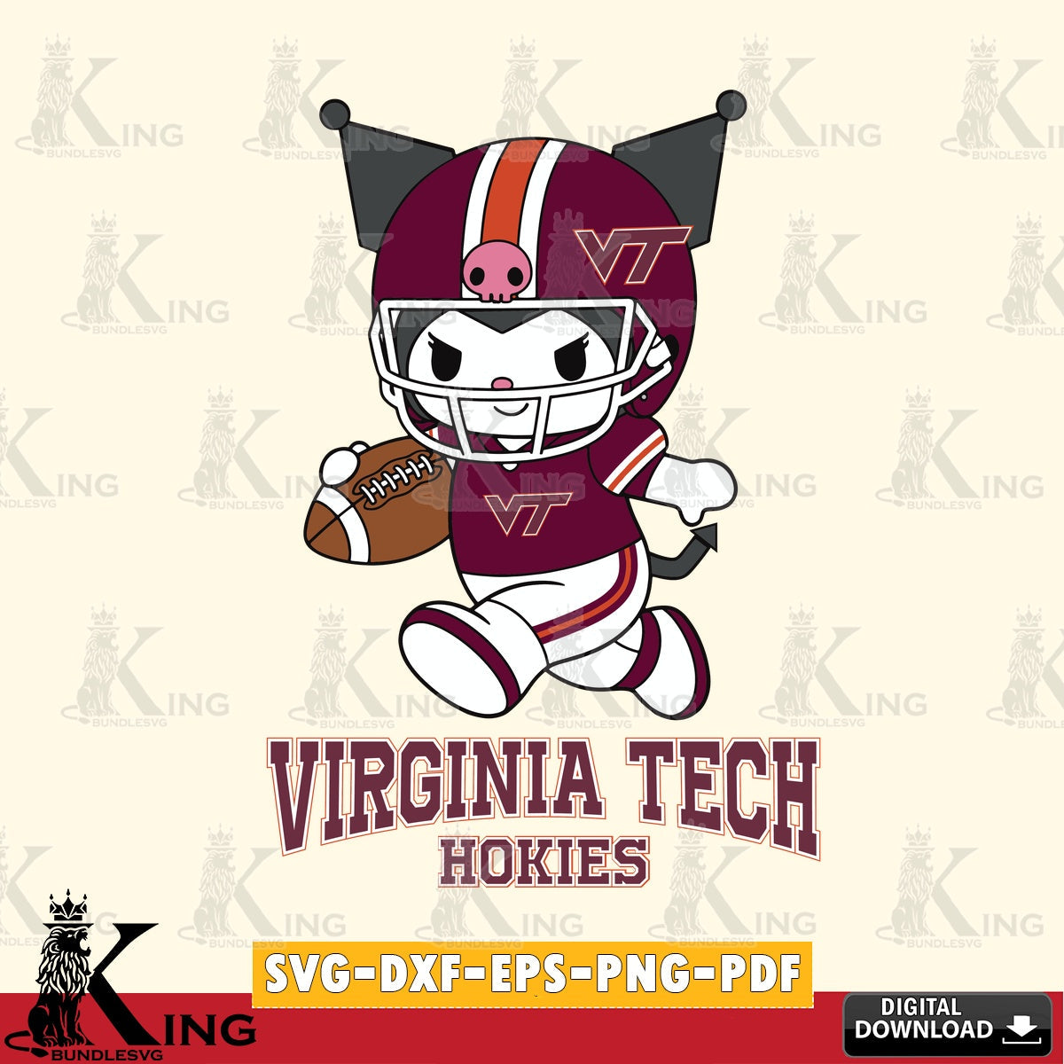Virginia Tech Hokies Kuromi Football Run SVG file, Cricut, Cut file , Digital Download , Instant Download, Sanrio svg, Clipart