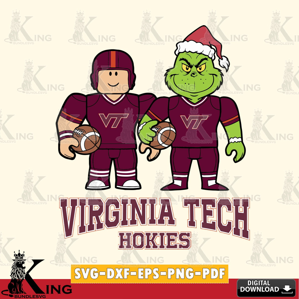 Unique artwork depicting Virginia Tech Hokies Roblox & Grinch Football, NCAA Cricut vector art for engraving, cutting, and