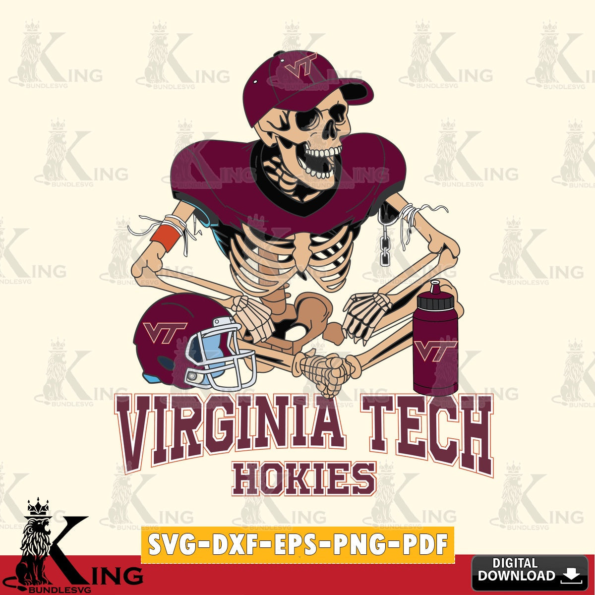 Modern graphic depicting a Virginia Tech Hokies skeleton football player, PNG clipart for sublimation printing and graphic design