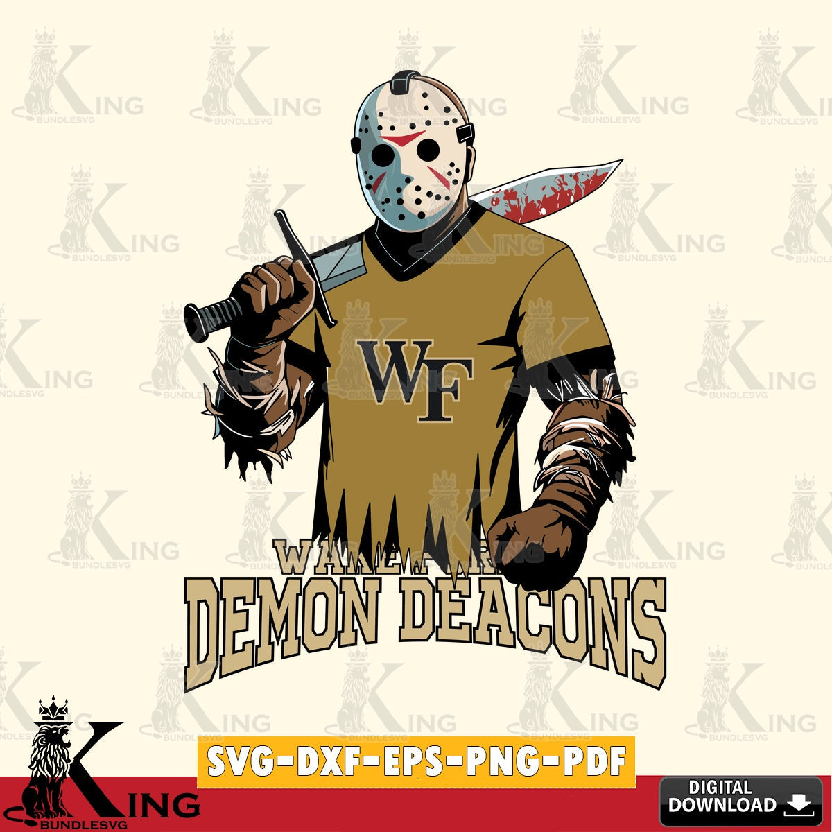Creative design featuring Wake Forest Demon Deacons Jason Voorhees football, vector illustration for POD merchandise and apparel