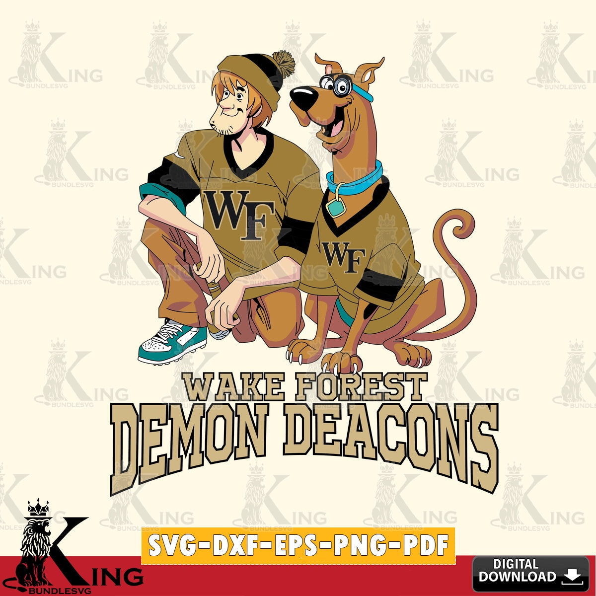 Modern graphic depicting Wake Forest Demon Deacons Shaggy and Scooby Doo football, crafting file for iron-on transfer and vinyl