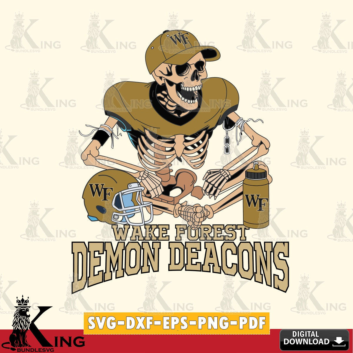 Artistic drawing of a Wake Forest Demon Deacons skeleton player football, a digital download for Cricut Maker and paper crafts