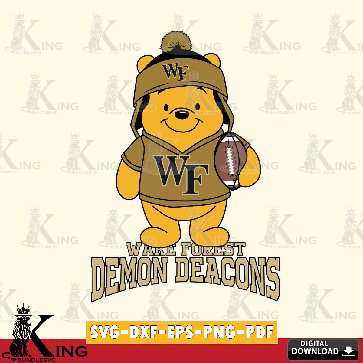 Printable art of Wake Forest Demon Deacons Winnie the Pooh player Football, NCAA printable vector design for sublimation and