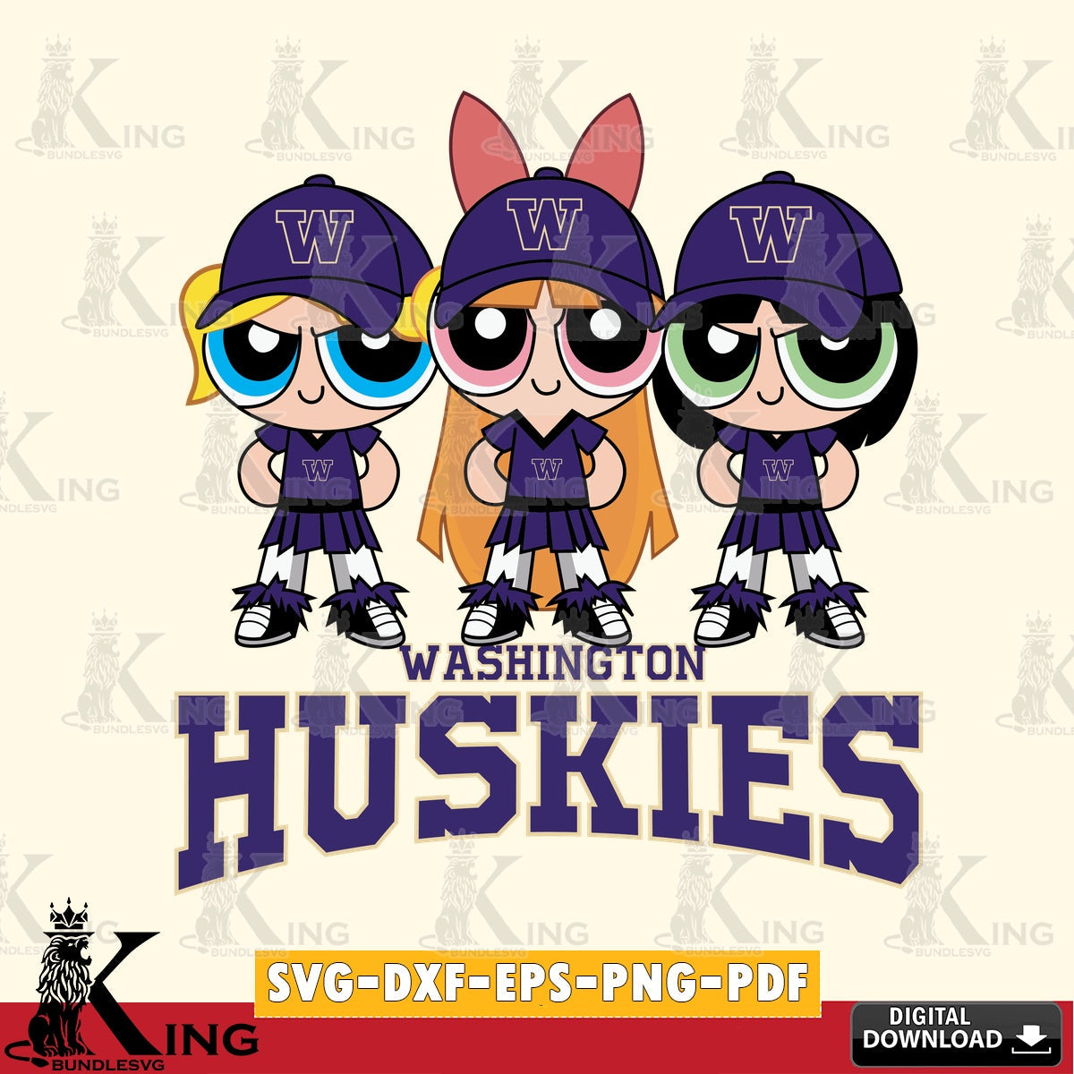 Digital clipart of Washington Huskies PowerPuff Girls football SVG cut file for personalized gifts and laser projects