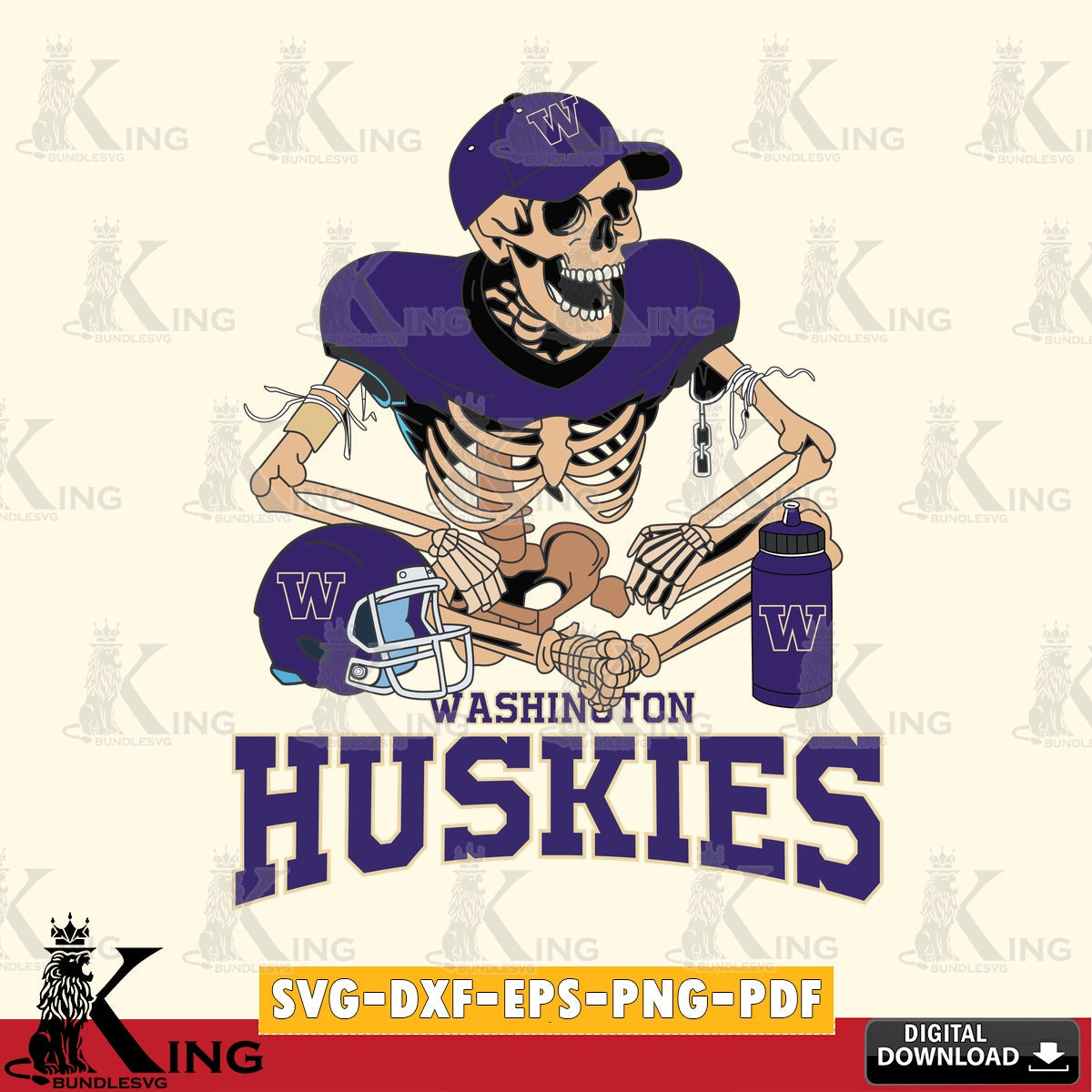 Digital download featuring Washington Huskies skeleton player football, a crafting file for iron-on transfer and vinyl decals