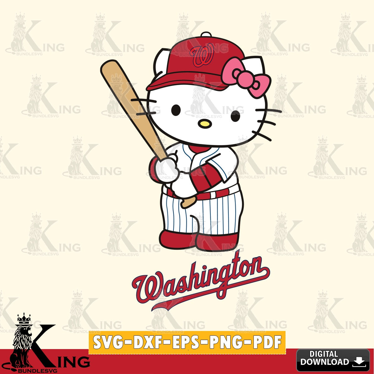 Complete bundle for Washington Nationals Hello Kitty baseball batter, high-quality vector for DIY scrapbooking and home decor