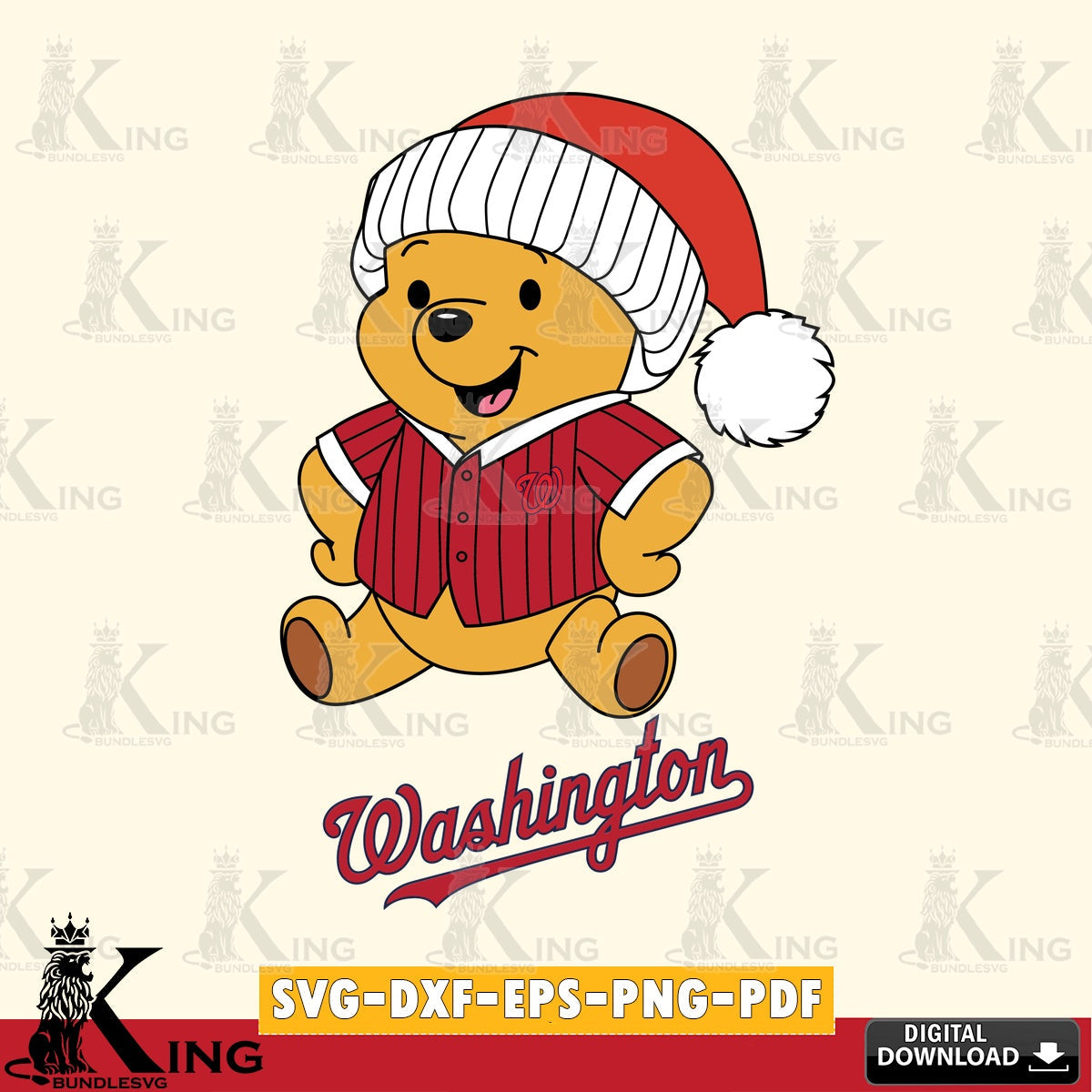 Beautiful illustration of Washington Nationals Winnie the Pooh playing ball, digital file for silhouette cameo and cricut projects