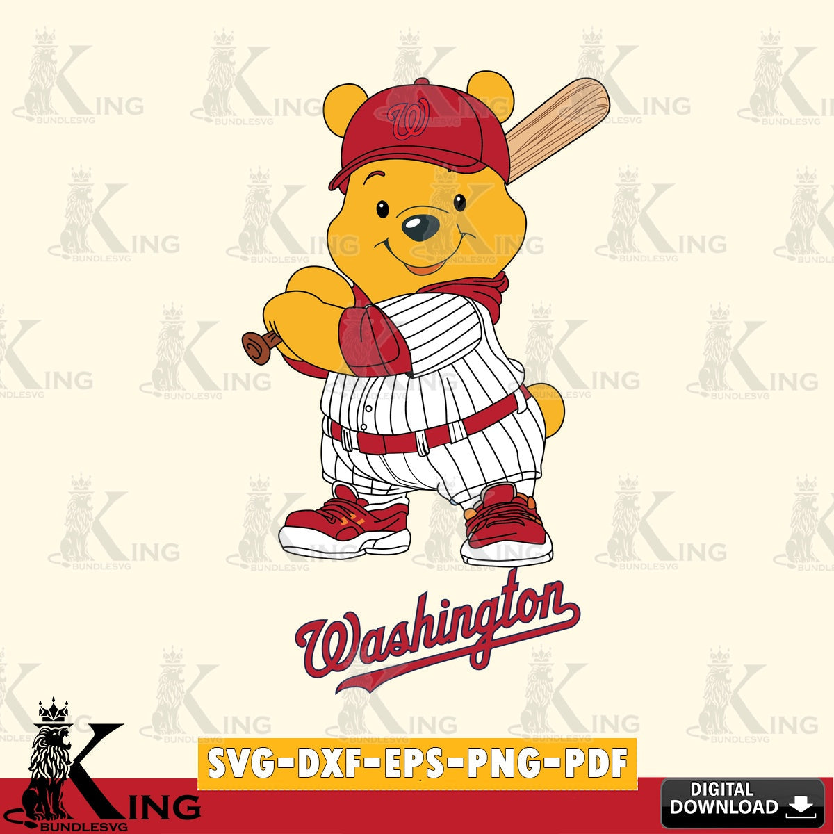 Detailed illustration of Washington Nationals Winnie the Pooh player baseball digital download for Cricut Maker and paper crafts
