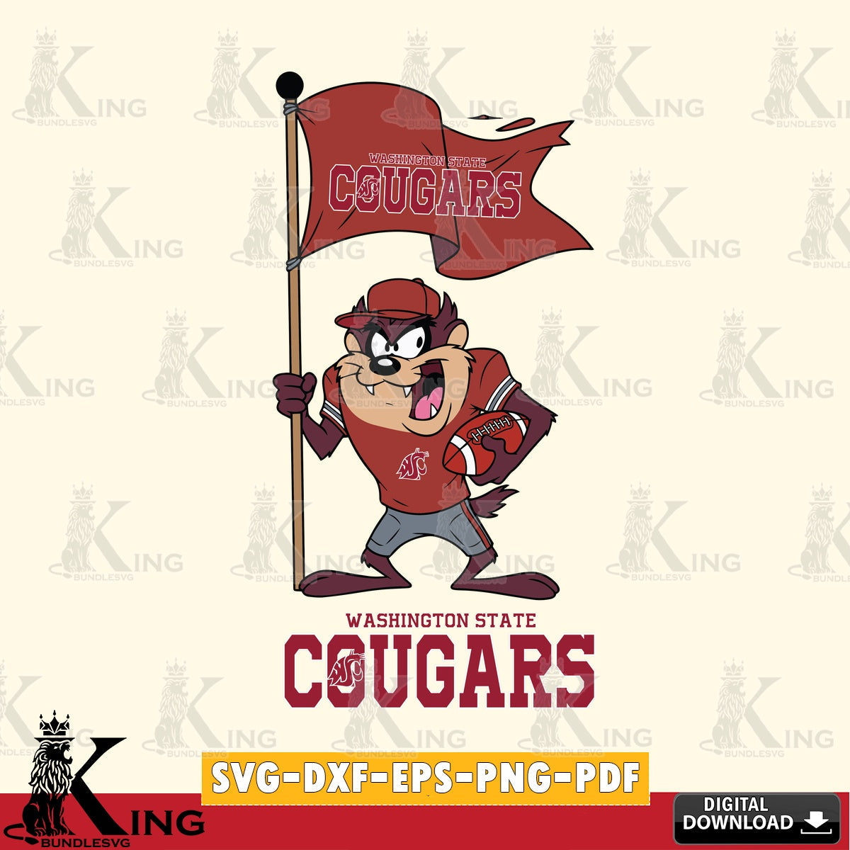 Washington State Cougars Football Taz Flag Art SVG file, Cut file , Digital Download , Instant Download, Taz svg, NCAA svg
