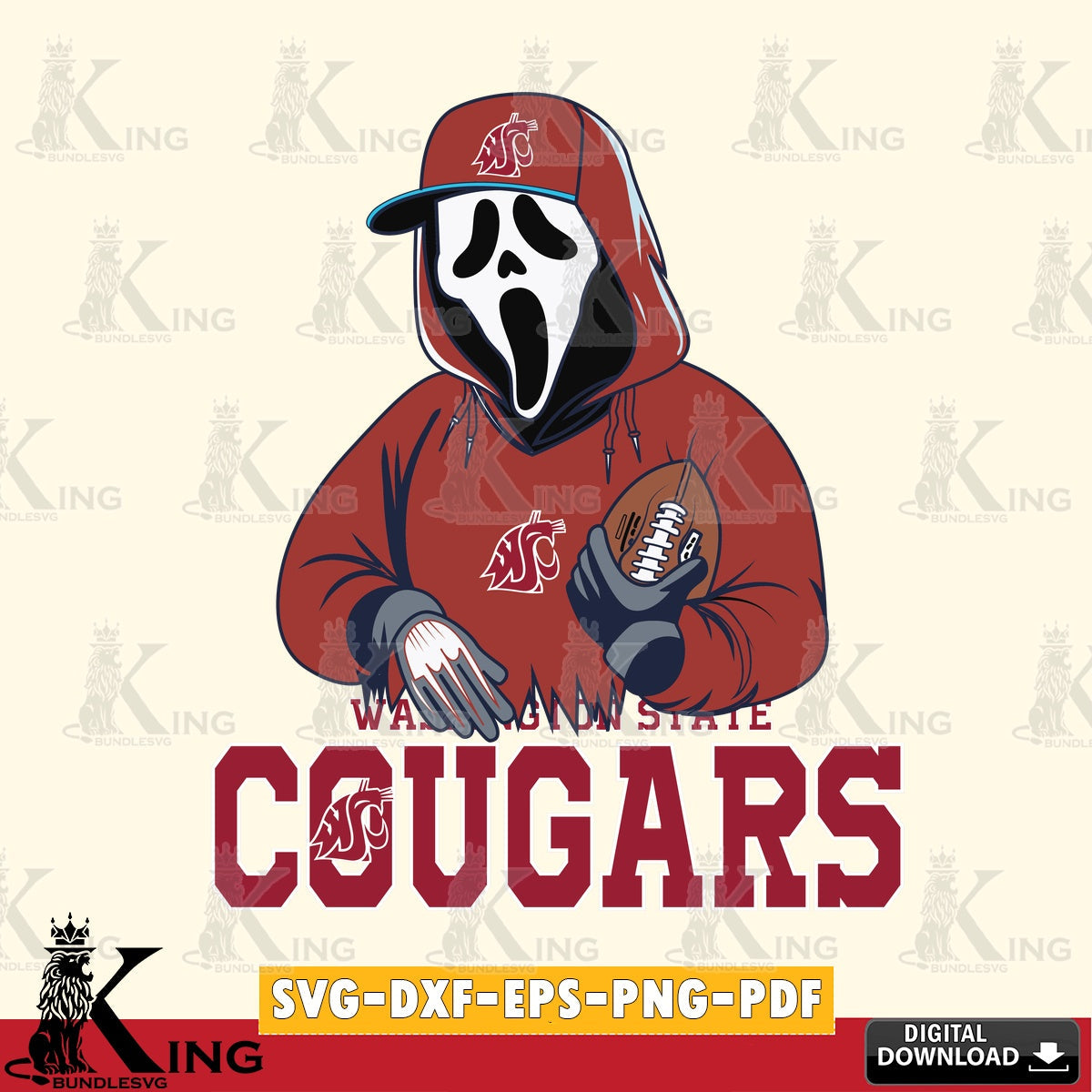 Digital clipart of Washington State Cougars Ghostface Scream football player, versatile clip art for stickers, decals, and mugs