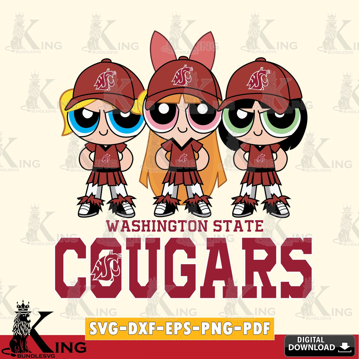 Artistic drawing of Washington State Cougars PowerPuff Girls football, high-quality vector for DIY scrapbooking and home decor