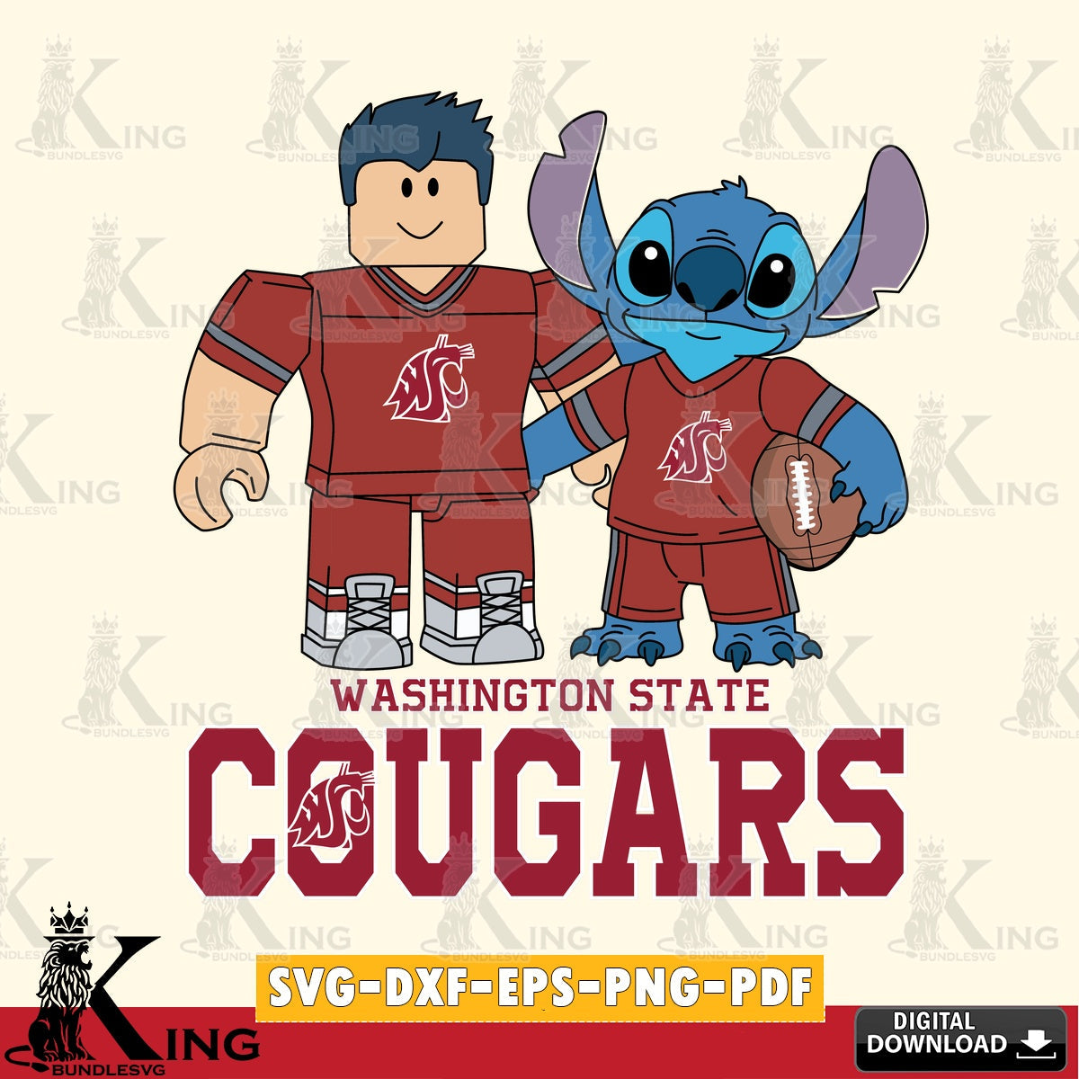 Washington State Cougars Roblox & Stitch Football SVG file , NCAA Cricut, File cut , Digital Download , PDF File