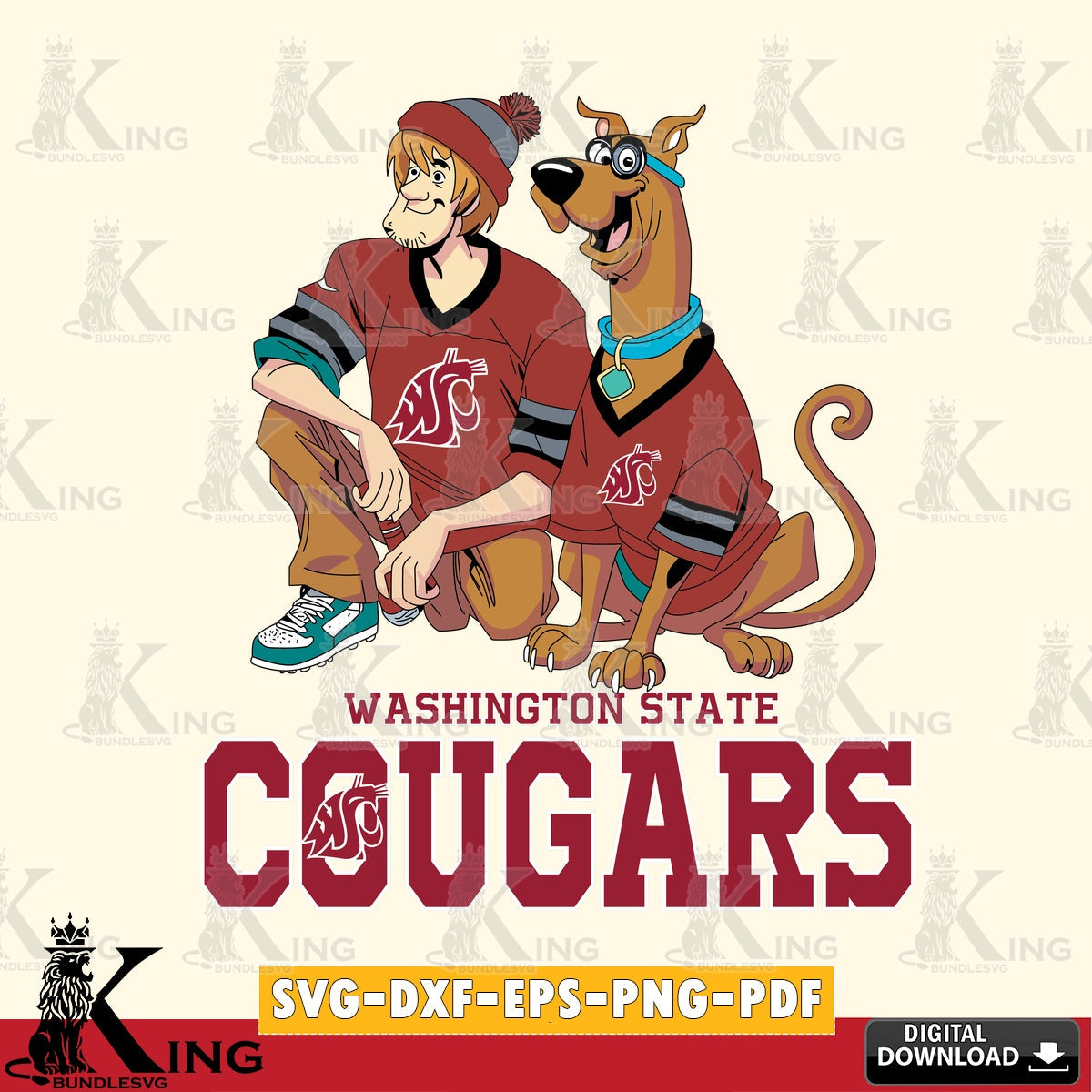 Eye-catching graphic of Washington State Cougars Shaggy and Scooby Doo football vector art for engraving, cutting, and printing.
