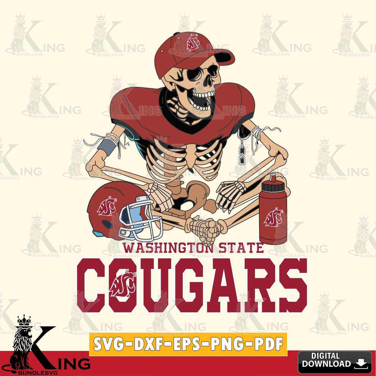 Hand-drawn style art of a Washington State Cougars skeleton player football, NCAA cut, PNG clipart for sublimation printing and