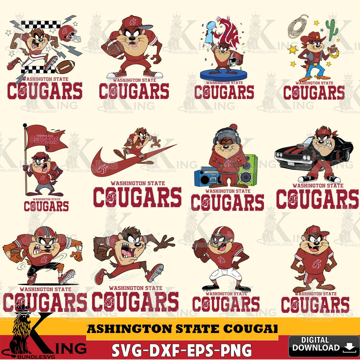 Washington State Cougars Taz Football NCAA Bundle SVG file, Cut file , Digital Download , Instant Download, Taz svg, NCAA svg