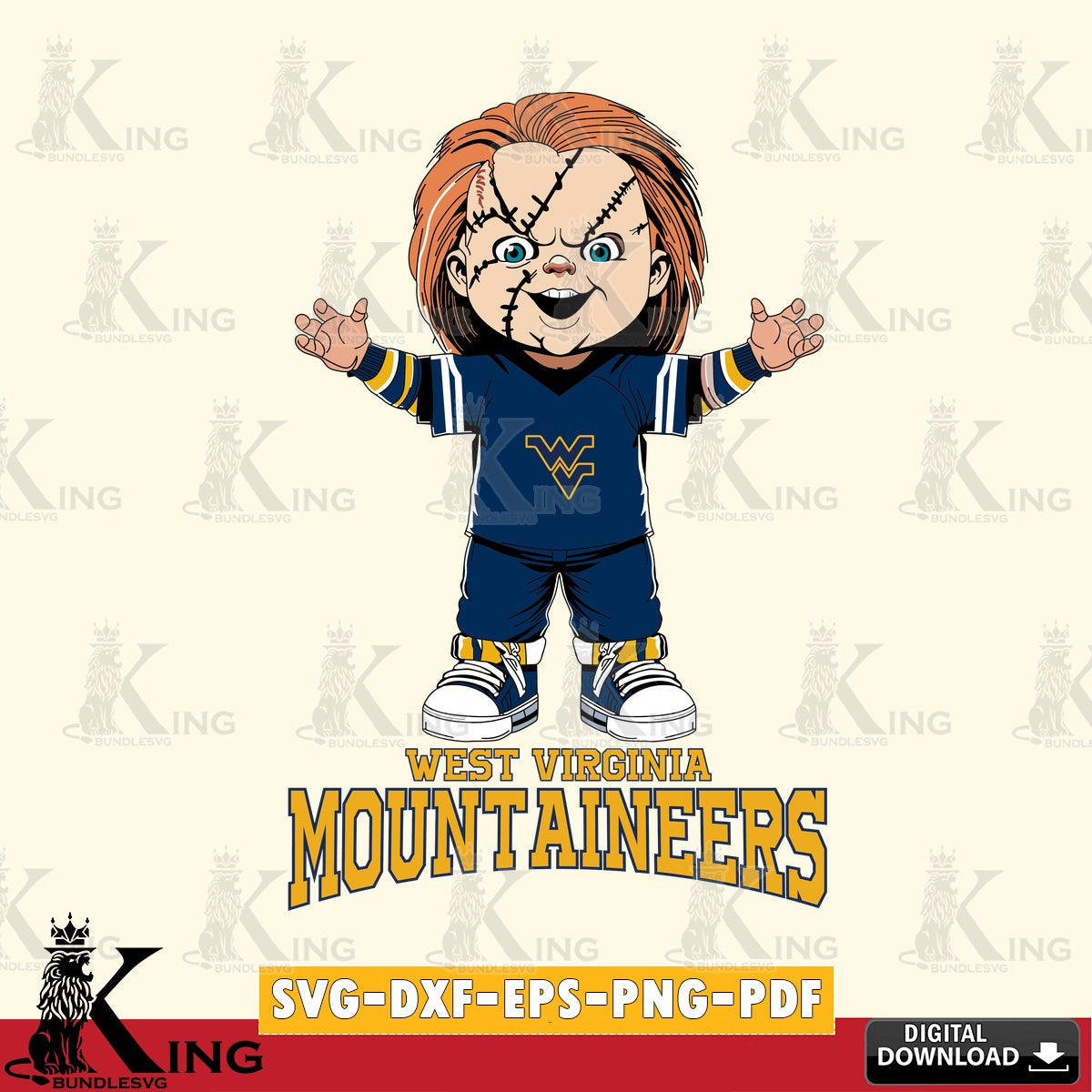 Digital download featuring West Virginia Mountaineers Chucky Football, crafting file for iron-on transfer and vinyl decals.