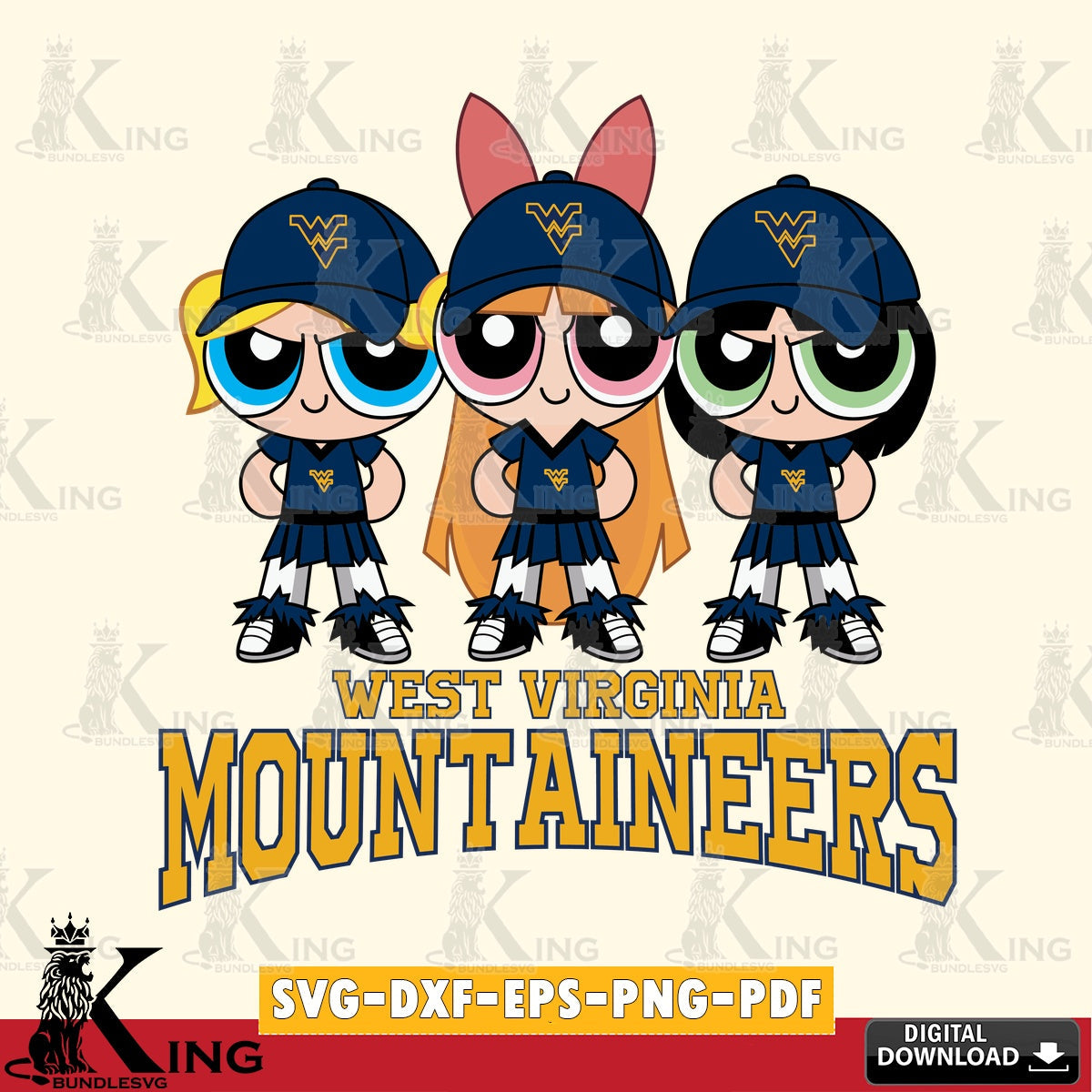 Creative design featuring West Virginia Mountaineers PowerPuff Girls Football, crafting file for iron-on transfer and vinyl decals
